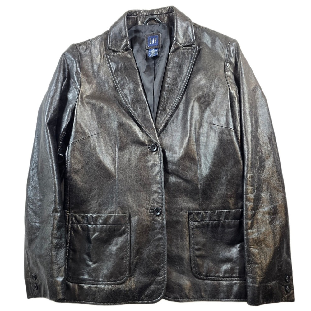 GAP Leather Blazer Jacket Womens Medium Black 2-Button Coat 90s Y2K Vintage